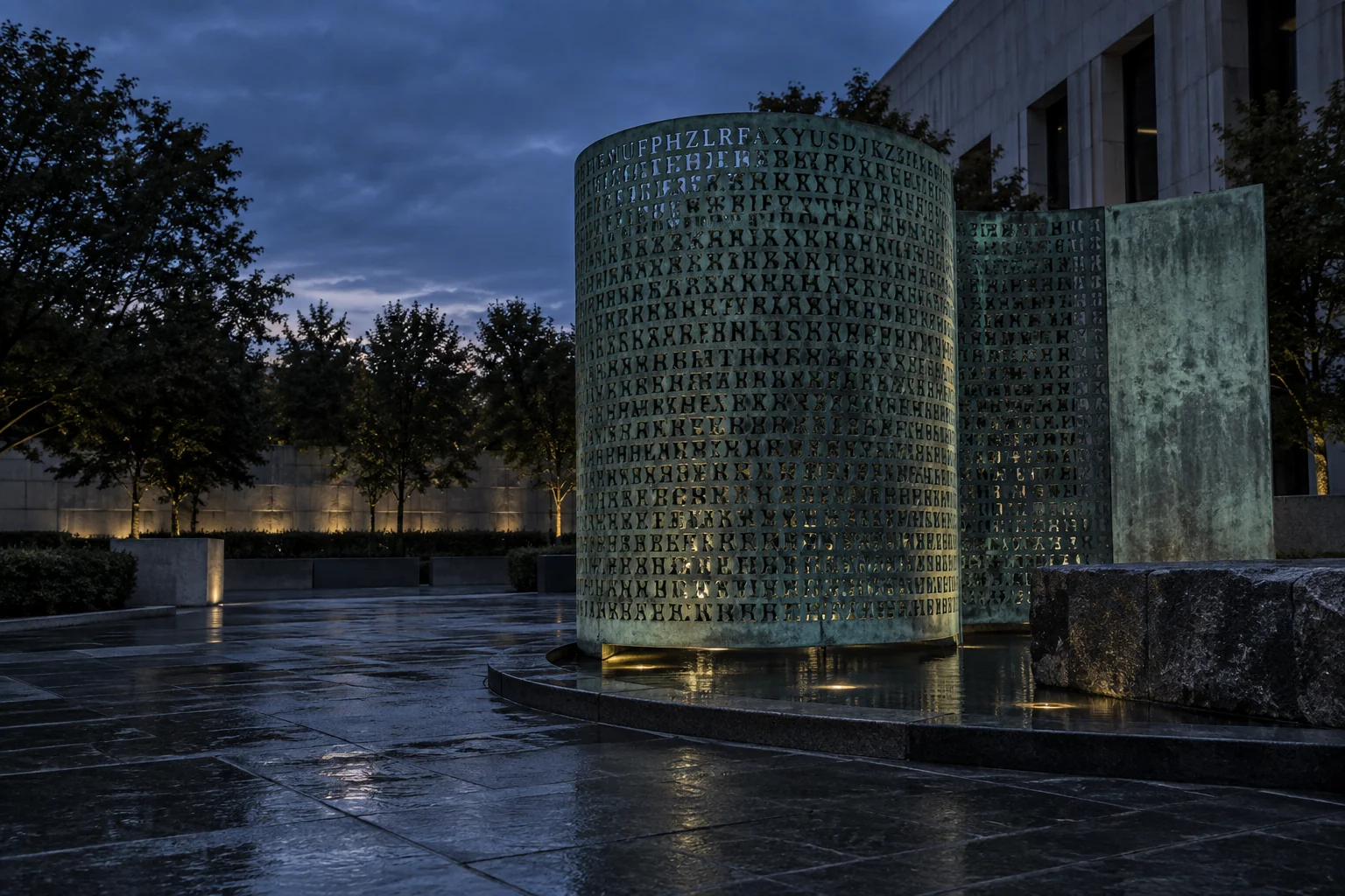 AI-generated interpretation of the Kryptos copper sculpture at blue hour.